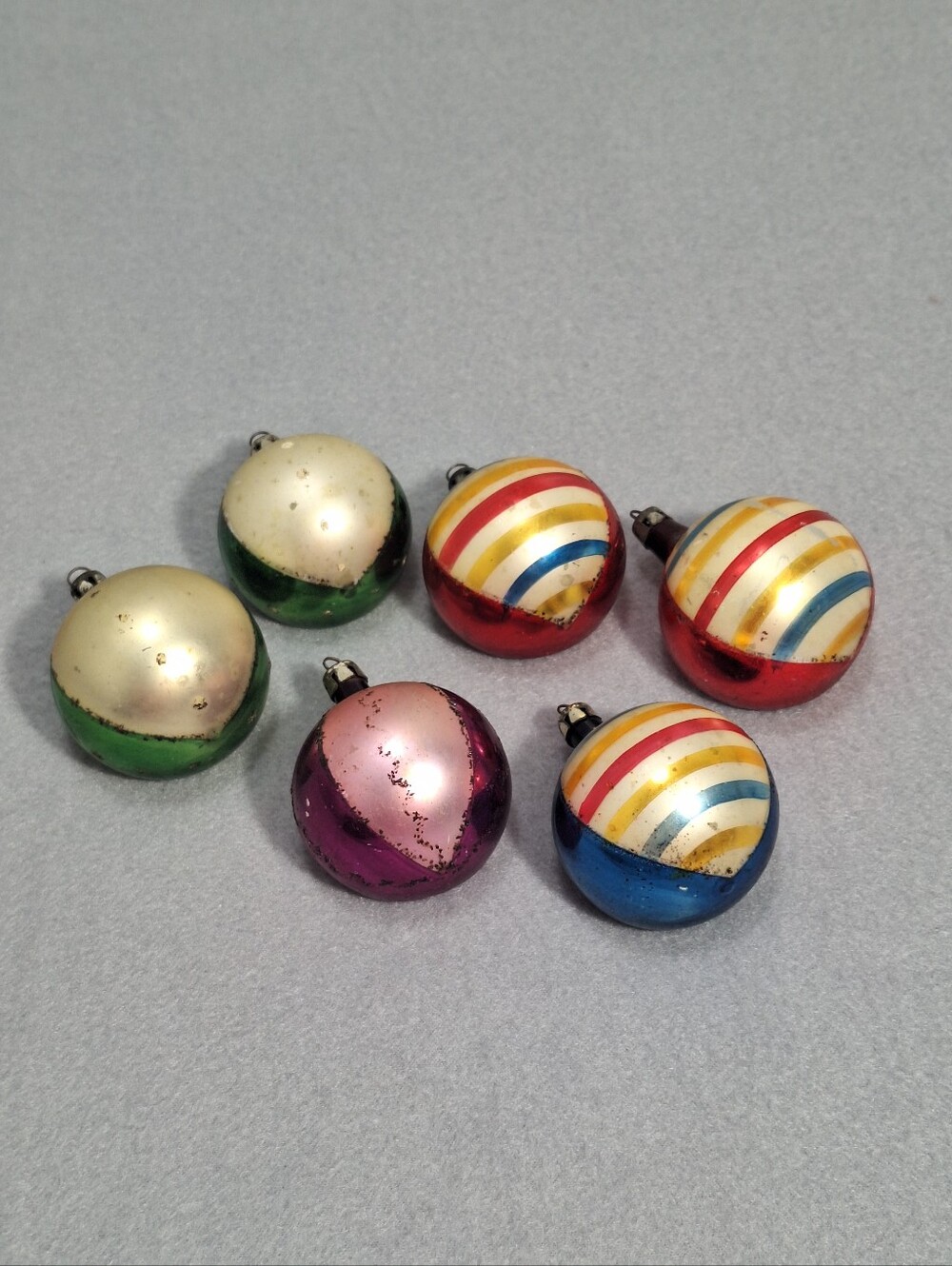 6 Mercury Glass Indent Reflector Round Christmas Ornaments Multicolor 1950s